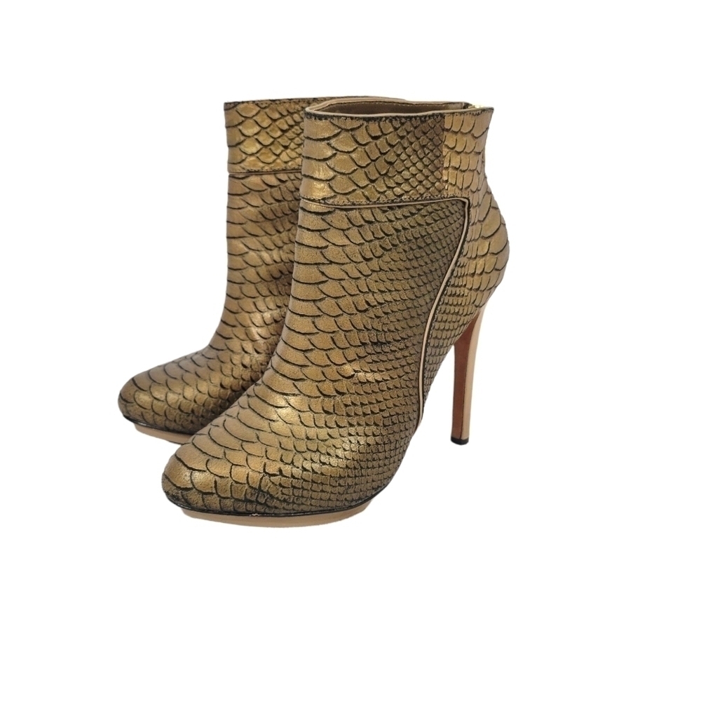 RARE Mark + James Badgley Mischka Bronze Gold Snakeskin Platform Booties 9M